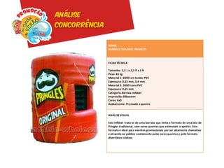 Análise
concorrência


               NOME
               BARRACA INFLÁVEL PRINGLES



               FICHA TÉCNICA

               Tamanho: 2,5 L x 2,5 P x 3 H
               Peso: 45 kg
               Material 1: 600D em tecido PVC
               Espessura: 0,35 mm, 0,4 mm
               Material 2: 500D Lona PVC
               Espessura: 0,45 mm
               Categoria: Barraca inflável
               Impressão: Silkscreen
               Cores: 4x0
               Acabamento: Prensado a quente


               ANÁLISE VISUAL

               Este inflável trata-se de uma barraca que imita o formato de uma lata de
               Pringles tradicional, com cores quentes que estimulam o apetite. Este
               formato é ideal para eventos promocionais por ser altamente chamativo
               e atraente ao público exatamente pelas cores quentes e pelo formato
               divertido e criativo.
 
