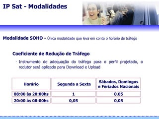 Coeficiente de Redução de Tráfego Instrumento de adequação do tráfego para o perfil projetado, o redutor será aplicado para Download e Upload   Modalidade SOHO -  Única modalidade que leva em conta o horário de tráfego IP Sat - Modalidades Horário Segunda a Sexta Sábados, Domingos  e Feriados Nacionais 08:00 às 20:00hs 1 0,05 20:00 às 08:00hs 0,05 0,05 