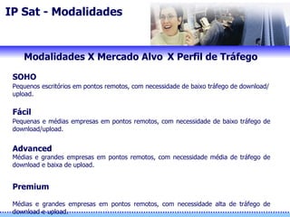 Modalidades X Mercado Alvo   X Perfil de Tráfego SOHO Pequenos escritórios em pontos remotos ,  com necessidade de baixo tráfego de download / upload.  Fácil Pequenas e médias empresas em pontos remotos, com necessidade de baixo tráfego de download/upload.  Advanced Médias e grandes empresas em pontos remotos, com necessidade média de tráfego de download e baixa de upload.  Premium Médias e grandes empresas em pontos remotos, com necessidade alta de tráfego de download e upload.  IP Sat - Modalidades 