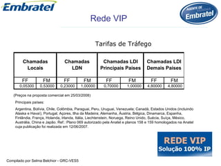 Principais países:  Argentina, Bolívia, Chile, Colômbia, Paraguai, Peru, Uruguai, Venezuela; Canadá, Estados Unidos (incluindo Alaska e Havaí), Portugal, Açores, Ilha da Madeira; Alemanha, Áustria, Bélgica, Dinamarca, Espanha, Finlândia, França, Holanda, Irlanda, Itália, Liechtenstein, Noruega, Reino Unido, Suécia, Suíça, México, Austrália, China e Japão. Ref.: Plano 069 autorizado pela Anatel e planos 158 e 159 homologados na Anatel cuja publicação foi realizada em 12/06/2007. (Preços na proposta comercial em 25/03/2008) Tarifas de Tráfego   Rede VIP 