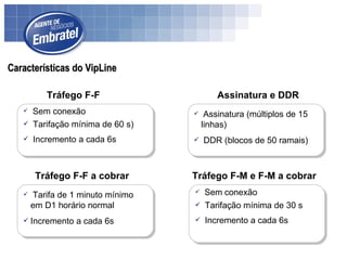 Características do VipLine Sem conexão Tarifação mínima de 60 s) Incremento a cada 6s Tráfego F-F Tarifa de 1 minuto mínimo em D1 horário normal Incremento a cada 6s Tráfego F-F a cobrar Sem   conexão Tarifação mínima de 30 s Incremento a cada 6s Tráfego F-M e F-M a cobrar Assinatura (múltiplos de 15 linhas) DDR (blocos de 50 ramais) Assinatura e DDR 