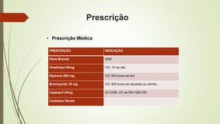 Prescrição
PRESCRIÇÃO INDICAÇÃO
Dieta Branda SND
Omefrazol 20mg VO, 1X ao dia.
Dipirona 500 mg VO, 6/6 horas se dor.
Bromoprida 10 mg VO, 8/8 horas se náuseas ou vômito.
Captopril 25mg 02 COM, VO se PA>160x100
Cuidados Gerais
• Prescrição Médica:
 