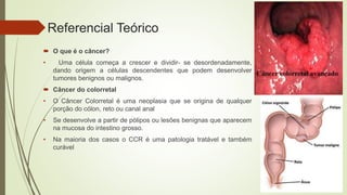 Referencial Teórico
 O que é o câncer?
• Uma célula começa a crescer e dividir- se desordenadamente,
dando origem a células descendentes que podem desenvolver
tumores benignos ou malignos.
 Câncer do colorretal
• O Câncer Colorretal é uma neoplasia que se origina de qualquer
porção do cólon, reto ou canal anal
• Se desenvolve a partir de pólipos ou lesões benignas que aparecem
na mucosa do intestino grosso.
• Na maioria dos casos o CCR é uma patologia tratável e também
curável
 