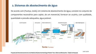 2. Sistemas de abastecimento de água
De acordo com (Tsutiya, 2006), Um sistema de abastecimento de água, consiste no conjunto de
componentes necessários para captar, de um manancial, fornecer ao usuário, com qualidade,
quantidade e pressão adequados, água potável.
Proposta de Dimensionamento de uma Rede de Abastecimentode Água Potável Para o Bairro de Mutauanha - Cidade de Nampula
SLIDE 10/30
fonte: Funasa
 