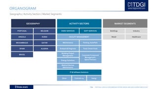 TDGI PORTUGAL | ANGOLA | MOÇAMBIQUE | ESPAÑA | BRASIL | BELGIUM | ALGÉRIE | MIDDLE EAST
Medical Devices
Maintenance
ORGANOGRAM
GEOGRAPHY ACTIVITY SECTORS MARKET SEGMENTS
PORTUGAL BELGIUM
ANGOLA
MOZAMBIQUE
SPAIN
BRASIL
DUBAI
QATAR
ALGERIA
HARD SERVICES SOFT SERVICES
Maintenance
Analysis & Diagnosis
Building Project
Management
Energy Solutions
Parking: AutoPark
Food: Smart Food
Corporate Compound
Management:
Space Partners
FACILITY MANAGEMENT
IT & Software Solutions
Glose Controlo 24 Inergy
Buildings
Retail
Industry
Healthcare
Geography / Activity Sectors / Market Segments
 