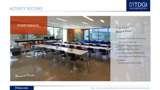 TDGI PORTUGAL | ANGOLA | MOÇAMBIQUE | ESPAÑA | BRASIL | BELGIUM | ALGÉRIE | MIDDLE EAST
ACTIVITY SECTORS
FOOD SERVICE
 Catering – Food offer, diverse and
nutritionally balanced
 Vending – Drink machines, hot
and cold, snack machines
 Special Services – Coffee-Breaks,
Executive lunches, Buffet service
 Cafetaria
Pastries, Sandwiches, Drinks
FOOD SERVICE
 