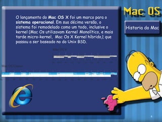 	O lançamento do Mac OS X foi um marco para o sistema operacional. Em sua décima versão, o sistema foi remodelado como um todo, inclusive o kernel (Mac Os utilizavam KernelMonolítico, e mais tarde micro-kernel,  Mac Os X Kernel híbrido), que passou a ser baseado no do Unix BSD.Historia do Mac6