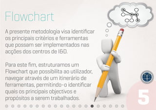 Flowchart
A presente metodologia visa identiﬁcar
os principais critérios e ferramentas
que possam ser implementados nas
acções dos centros de I&D.

Para este ﬁm, estruturamos um
Flowchart que possibilita ao utilizador,
navegar através de um itinerário de
ferramentas, permitindo-o identiﬁcar
quais os principais objectivos e
propósitos a serem trabalhados.
 