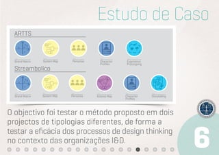 Estudo de Caso
  ARTTS


  Tool           Tool          Tool              Tool          Tool
  Brand Matrix   System Map    Personas          Character    Experience
                                                 Proﬁles      Prototyping
  Streambolico


  Tool           Tool         Tool        Tool               Tool           Tool
  Brand Matrix   System Map   Personas    Actores Map        Character      Storytelling
                                                             Proﬁles



O objectivo foi testar o método proposto em dois
projectos de tipologias diferentes, de forma a
testar a eﬁcácia dos processos de design thinking
no contexto das organizações I&D.
 