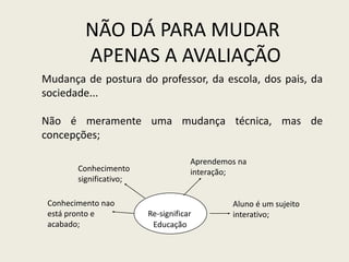 NÃO DÁ PARA MUDAR
APENAS A AVALIAÇÃO
Mudança de postura do professor, da escola, dos pais, da
sociedade...
Não é meramente uma mudança técnica, mas de
concepções;
Aprendemos na
interação;
Aluno é um sujeito
interativo;
Conhecimento nao
está pronto e
acabado;
Conhecimento
significativo;
Re-significar
Educação
 