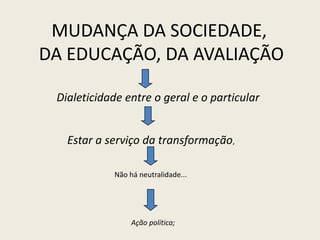 MUDANÇA DA SOCIEDADE,
DA EDUCAÇÃO, DA AVALIAÇÃO
Dialeticidade entre o geral e o particular
Estar a serviço da transformação,
Ação política;
Não há neutralidade...
 