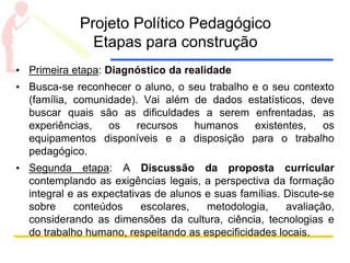 Projeto Político Pedagógico
Etapas para construção
• Primeira etapa: Diagnóstico da realidade
• Busca-se reconhecer o aluno, o seu trabalho e o seu contexto
(família, comunidade). Vai além de dados estatísticos, deve
buscar quais são as dificuldades a serem enfrentadas, as
experiências, os recursos humanos existentes, os
equipamentos disponíveis e a disposição para o trabalho
pedagógico.
• Segunda etapa: A Discussão da proposta curricular
contemplando as exigências legais, a perspectiva da formação
integral e as expectativas de alunos e suas famílias. Discute-se
sobre conteúdos escolares, metodologia, avaliação,
considerando as dimensões da cultura, ciência, tecnologias e
do trabalho humano, respeitando as especificidades locais.
 