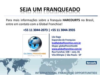 SEJA UM FRANQUEADO
Para mais informações sobre a franquia HARCOURTS no Brasil,
entre em contato com a Global Franchise!
Léa Soga
Expansão de Franquias
lea@globalfranchise.com.br
Skype: globalfranchise66
www.globalfranchise.com.br
Rua Funchal, 538 – conj. 81
Vila Olímpia | São Paulo - SP
+55 11 3044-2073 | +55 11 3044-3935
 