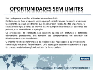 OPORTUNIDADES SEM LIMITES
Harcourts possui a melhor visão do mercado imobiliário.
Gostaríamos de falar um pouco sobre o porquê consideramos a Harcourts uma marca
tão vibrante e porquê acreditamos que trabalhar com Harcourts é tão importante. O
sucesso da compra e venda de imóveis está no cumprimento de realizar os sonhos das
pessoas, suas necessidades e aspirações.
Os profissionais da Harcourts não recebem apenas um profundo e detalhado
treinamento professional, eles também são comprometidos em construir um
relacionamento com seus clientes.
O enorme volume de referências e de repetições das negociações é a prova que esta
combinação funciona à favor de todos. Uma abordagem totalmente consultiva é o que
faz o nosso modelo de negócio funcionar de forma perfeita.
 