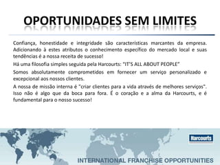 OPORTUNIDADES SEM LIMITES
Confiança, honestidade e integridade são características marcantes da empresa.
Adicionando à estes atributos o conhecimento específico do mercado local e suas
tendências é a nossa receita de sucesso!
Há uma filosofia simples seguida pela Harcourts: “IT’S ALL ABOUT PEOPLE”
Somos absolutamente comprometidos em fornecer um serviço personalizado e
excepcional aos nossos clientes.
A nossa de missão interna é "criar clientes para a vida através de melhores serviços".
Isso não é algo que da boca para fora. É o coração e a alma da Harcourts, e é
fundamental para o nosso sucesso!
 