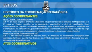 HISTÓRICO DA COORDENAÇÃO PEDAGÓGICA
AÇÕES COORDENANTES
Lei nº 7.023 de 23 de Janeiro de 1997
Art. 7º - Os atuais cargos de orientador Educacional e Supervisor Escolar, da estrutura do Magistério de 1º e
2º graus do Estado, mantidos os correspondentes quantitativos e nível de classificação, ficam
transformados em cargos de Coordenador Pedagógico, cujas especificações abrangerão as atribuições das
nomenclaturas ora transformadas, passando as mesmas a serem desempenhadas pelos ocupantes do cargo
citado, de acordo com as necessidades dos estabelecimentos de ensino em que estejam lotados.
Decreto nº 6.212 de 14 de fevereiro de 1997
Art. 7 - Nas Unidades Escolares de Pequeno Porte, as atribuições do Coordenador Pedagógico serão
exercidas pelo Diretor ou pelo Vice-Diretor; e as atividades de apoio administrativo-financeiro pelo Vice-
Diretor ou pelo Secretário Escolar.
ATOS COORDENATIVOS
 