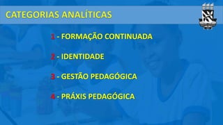 1 - FORMAÇÃO CONTINUADA
2 - IDENTIDADE
3 - GESTÃO PEDAGÓGICA
4 - PRÁXIS PEDAGÓGICA
 