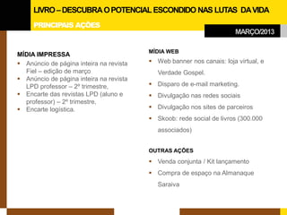 MÍDIA IMPRESSA 
 
Anúncio de página inteira na revista Fiel – edição de março 
 
Anúncio de página inteira na revista LPD professor – 2º trimestre, 
 
Encarte das revistas LPD (aluno e professor) – 2º trimestre, 
 
Encarte logística. 
MÍDIA WEB 
 
Web banner nos canais: loja virtual, e Verdade Gospel. 
 
Disparo de e-mail marketing. 
 
Divulgação nas redes sociais 
 
Divulgação nos sites de parceiros 
 
Skoob: rede social de livros (300.000 associados) 
OUTRAS AÇÕES 
 
Venda conjunta / Kit lançamento 
 
Compra de espaço na Almanaque Saraiva 
MARÇO/2013 
LIVRO –DESCUBRA O POTENCIAL ESCONDIDO NAS LUTAS DA VIDA 
PRINCIPAIS AÇÕES  