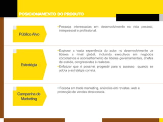POSICIONAMENTO DO PRODUTO 
Estratégia 
Campanha de 
Marketing 
Público Alvo 
 
Pessoas interessadas em desenvolvimento na vida pessoal, interpessoal e profissional. 
 
Explorar a vasta experiência do autor no desenvolvimento de líderes a nível global, incluindo executivos em negócios corporativos e aconselhamento de líderes governamentais, chefes de estado, congressistas e realezas. 
 
Enfatizar que é possível progredir para o sucesso quando se adota a estratégia correta. 
• 
Focada em trade marketing, anúncios em revistas, web e promoção de vendas direcionada.  