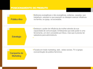 POSICIONAMENTO DO PRODUTO 
Estratégia 
Campanha de 
Marketing 
Público Alvo 
 
Mulheres evangélicas e não evangélicas, solteiras, casadas, que trabalham, estudam e que exerçam ou desejam exercer influência na família, na igreja, na sociedade. 
 
Destacar o poder de influência da mulher através da sua capacidade de comunicação. Enfatizando que este poder é uma ferramenta, um dom concedido por Deus, mas que é preciso ter sabedoria para administra-lo. 
 
 
Focada em trade marketing, web , redes sociais, TV e igrejas (concentração de público feminino).  