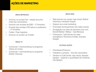 MÍDIA IMPRESSA 
• 
Anúncio na revista Fiel – edição de junho (mês dos namorados), 
• 
Anúncio nas revistas de EBD – 3º trimestre, 
•Encarte das revistas LPD (aluno e professor) – 3º trimestre, 
•Folder / Flyer logística. 
•Anúncio na revista Lar Cristão. 
MÍDIA TV 
•Comercial + merchandising no programa Vitória em Cristo. 
•Comercial + merchandising no programa Mulher Vitoriosa 
MÍDIA WEB 
• 
Web banner nos canais: loja virtual, Mulher Vitoriosa e Verdade Gospel. 
• 
Disparo de e-mail marketing. 
• 
Promoção de lançamento nas redes sociais 
•Divulgação nos sites de parceiros (ver com Daniel Batista / Melqui – loja Manaus) 
•Full banner / half banner em sites evangélicos: Romance Cristão, Estudos Gospel 
OUTRAS AÇÕES 
•Checkstand Prezunic 
•Trabalhar o produto – Dia dos namorados 
•Vendas no Call Center, loja virtual, atacado (igrejas – explorar a quantidade de mulheres nas igrejas). 
AÇÕES DE MARKETING  