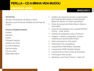 REVISTAS 
Revista Fiel (Edições de Março e Abril) 
Revista ou jornal secular (Edição de domingo de O Dia) 
PEÇAS PROMOCIONAIS 
Postais 
Banners 
Cartaz 
Plotagem kangoo 
Adesivo de vitrine 
E-mail marketing 
Banners webs 
Pop-up vídeo 
Mídia Alternativa 
 
Coletiva de imprensa secular e segmentada; (Em local de fácil acesso à mídia secular, Bolsa de Valores ou Hotel Guanabara) 
 
Show de lançamento Barra Music (Apoio e promoção) 
 
Culto de consagração com coquetel ADVEC Penha – Culto Jovem; 
 
Sessão de autógrafos Lojas e Prezunic; 
 
Viagens + rádios e autógrafos; (Custos cobertos por parceiros/permutas) 
 
Ação presencial no Call center; 
 
Entrevistas TVs evangélicas; 
 
Lançamento PGM Mulher Vitoriosa; 
 
Lançamento PGM Verdade Gospel; 
 
Lançamento na Rua Conde de Sarzedas; 
 
Promoções rede sociais; 
 
Marketing viral Treme Treme + makin off 
MARÇO/2013 
PERLLA – CD A MINHA VIDA MUDOU 
PRINCIPAIS AÇÕES  