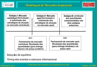 Modelagem de Mercados Seqüenciais Estágio I :  Mercado contratual  (formulação e submissão das estratégias de atuação no mercado contratual) Estágio II :  Mercado  spot  (formulação e submissão das estratégias de atuação no mercado  spot ) Estágio III : produção das quantidades comprometidas nos dois estágios anteriores t=1: Fechamento do mercado contratual. Revelação das quantidades (para entrega futura) e do preço (unitário) t=2: Fechamento do mercado  spot . Revelação das quantidades (para entrega imediata) e do preço  spot Soluções de equilíbrio Timing  dos eventos e estrutura informacional   