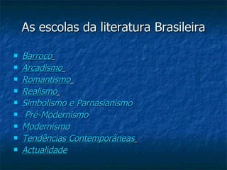As escolas da literatura Brasileira

   Barroco
   Arcadismo
   Romantismo
   Realismo
   Simbolismo e Parnasianismo
    Pré-Modernismo
   Modernismo
   Tendências Contemporâneas
   Actualidade
 