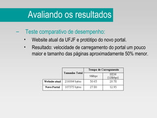 Avaliando os resultados Teste comparativo de desempenho:   Website atual da UFJF e protótipo do novo portal. Resultado: velocidade de carregamento do portal um pouco maior e tamanho das páginas aproximadamente 50% menor. 