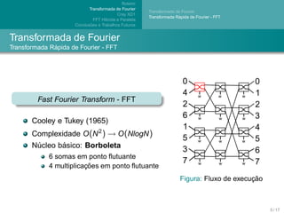 Roteiro
                            Transformada de Fourier
                                                        Transformada de Fourier
                                           Cray XD1
                                                                      ´
                                                        Transformada Rapida de Fourier - FFT
                               FFT H´brida e Paralela
                                    ı
                             ˜
                     Conclusoes e Trabalhos Futuros


Transformada de Fourier
              ´
Transformada Rapida de Fourier - FFT




         Fast Fourier Transform - FFT

       Cooley e Tukey (1965)
       Complexidade O (N 2 ) → O (NlogN )
               ´
       Nucleo basico: Borboleta
        ´
             6 somas em ponto ﬂutuante
                         ¸˜
             4 multiplicacoes em ponto ﬂutuante
                                                                                             ¸˜
                                                                       Figura: Fluxo de execucao



                                                                                                   5 / 17
 