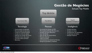 Gestão de Negócios
                                                                                                                             Solução Top Mobile

                                                                              Top Mobile

                                                                                                                          Top BI
                                         Top Center Web                            Top Mobile
                                                                                                                    Business Inteligence



                                          Tecnologia                               Pessoas                            Inteligência
                               •     Customização da operação         •   Ferramenta de Gestão de PDV           •    Criação de Visões
                               •     Parametrização da estrutura          (Promoções de Venda, Merchan, etc.)   •    Criação de Cubos
                               •     Criação de usuários & perﬁs      •   Ativação do Ponto Eletrônico          •    Comparativos de Indicadores
                               •     Criação de níveis de alçada      •   Input das Vendas                      •    Cruzamento de Dados
                               •     Deﬁnição de escalas de horário   •   Input de Info. da Concorrência        •    Evolução Histórica
                               •     Estabelecimento das metas        •   Pesquisas diversas
                               •     Controle online do Ponto         •   Captura de fotos
                               •     Eletrônico                       •   Levantamento de material de Merchan
                                                                      •   Estoque de produtos e materiais




terça-feira, 3 de novembro de 2009
 