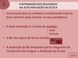 5.         A INTEGRAÇÃO DOS RESULTADOS
           NA AUTO-AVALIAÇÃO DA ESCOLA

• Uma escola que se conhece e compreende está no
  bom caminho para resolver os seus problemas.

• A Auto-Avaliação é a chave do sucesso.
                                 da BE
                                 da Escola
• A BE não opera de forma isolada.
                                     PEE BE

• A Avaliação da BE (enquanto parte integrante da
  Escola) tem de integrar a Avaliação da Escola.
                                                    13/17
 