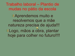Trabalho laboral – Plantio de mudas no pátio da escola Aprendemos muito e resolvemos que a mãe natureza precisa de ajuda!!! Logo, mãos a obra, plantar hoje para colher no futuro!!!! 