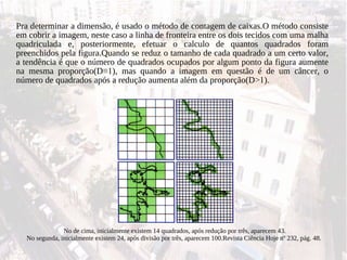 Pra determinar a dimensão, é usado o método de contagem de caixas.O método consiste em cobrir a imagem, neste caso a linha de fronteira entre os dois tecidos com uma malha quadriculada e, posteriormente, efetuar o calculo de quantos quadrados foram preenchidos pela figura.Quando se reduz o tamanho de cada quadrado a um certo valor, a tendência é que o número de quadrados ocupados por algum ponto da figura aumente na mesma proporção(D ≡1 ), mas quando a imagem em questão é de um câncer, o número de quadrados após a redução aumenta além da proporção(D >1 ). No de cima, inicialmente existem 14 quadrados, após redução por três, aparecem 43. No segunda, inicialmente existem 24, após divisão por três, aparecem 100.Revista Ciência Hoje nº 232, pág. 48.  