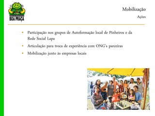 Mobilização
                                                                    Ações


„ Participação nos grupos de Autoformação local de Pinheiros e da
  Rede Social Lapa
„ Articulação para troca de experiência com ONG’s parceiras
„ Mobilização junto às empresas locais
 