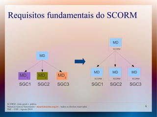 Requisitos fundamentais do SCORM

                                                                                           MD
                                                                                            SCORM


                                MD



                                                                                  MD       MD       MD
            MD1               MD2                 MD3
                                                                                   SCORM    SCORM   SCORM


           SGC1               SGC2               SGC3                             SGC1     SGC2     SGC3



SCORM: visão geral e prática
Mauricio Garcia Nascimento - mauricio@ime.usp.br - todos os direitos reservados                             6
IME – USP - Agosto/2010
 