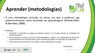 Aprender (metodologias)
ftelab.ie.ulisboa.pt
Hung (2011)
• É uma metodologia centrada no aluno, em que o professor age
preferencialmente como facilitador da aprendizagem. (Hmelo-Silver
& Barrows, 2006)
• Professor:
• Facilitador e orientador ao longo do processo (exerce a sua função através de estratégias de
questionamento)
• Deve incentivar os alunos a assumir responsabilidades, a agirem com independência colocando-
se posteriormente ao nível dos alunos como membro da equipa na resolução dos problemas
• Os alunos precisam entender o seu papel e responsabilidades na equipa
 