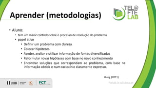 Aprender (metodologias)
ftelab.ie.ulisboa.pt
Hung (2011)
• Aluno:
• tem um maior controlo sobre o processo de resolução do problema
• papel ativo
• Definir um problema com clareza
• Colocar hipóteses
• Aceder, avaliar e utilizar informação de fontes diversificadas
• Reformular novas hipóteses com base no novo conhecimento
• Encontrar soluções que correspondam ao problema, com base na
informação obtida e num raciocínio claramente expresso.
 