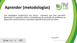 Aprender (metodologias)
ftelab.ie.ulisboa.pt
Hung (2011)
Esta abordagem proporciona aos alunos contextos que lhes permitem
desenvolver o raciocínio crítico e competências de resolução de problemas ao
adquirirem conhecimentos e conceitos específicos do curso em causa.
 