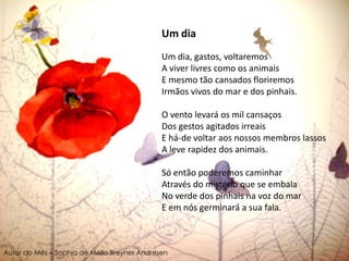 Um diaUm dia, gastos, voltaremos A viver livres como os animais E mesmo tão cansados floriremos Irmãos vivos do mar e dos pinhais. O vento levará os mil cansaços Dos gestos agitados irreais E há-de voltar aos nossos membros lassos A leve rapidez dos animais. Só então poderemos caminhar Através do mistério que se embala No verde dos pinhais na voz do mar E em nós germinará a sua fala.Autor do Mês – Sophia de Mello Breyner Andresen