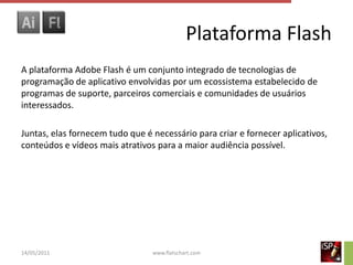 Plataforma Flash
A plataforma Adobe Flash é um conjunto integrado de tecnologias de
programação de aplicativo envolvidas por um ecossistema estabelecido de
programas de suporte, parceiros comerciais e comunidades de usuários
interessados.

Juntas, elas fornecem tudo que é necessário para criar e fornecer aplicativos,
conteúdos e vídeos mais atrativos para a maior audiência possível.




14/05/2011                       www.flatschart.com
 