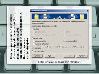 Observe que podem ser convertidos
diversos tipos de documentos (texto,
planilha e apresentação)
simultaneamente ou separadamente.
Basta marcar as
opções desejadas.

.

Feitas as “seleções, clique em “Próximo”.

 