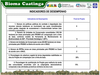 INDICADORES DE DESEMPENHO   Indicadores de Desempenho   Final do Projeto   1. Número de políticas públicas de combate à degradação dos recursos naturais (estaduais ou municipais) nas quais considerações sobre gestão integrada de ecossistemas e biodiversidade tenham sido incluídas e priorizadas. 6 2. Número de Unidades de Conservação consolidadas (150.184 hectares) em áreas priorizadas pelo PROBIO em comparação com a linha de base, conforme modelo de Ferramenta de Monitoramento da Biodiversidade do GEF - Prioridade Estratégica 1 (SP1).       6 3. Número de Unidades de Conservação novas (60.000 hectares) em áreas priorizadas pelo PROBIO na Bahia de acordo com o SNUC.     2 4. Número de RPPNs novas em áreas priorizadas pelo PROBIO no Ceará de acordo com o SNUC.   2 5. Porcentagem de cobertura vegetal de terras  degradadas reabilitadas na área do Projeto em comparação com a linha de base.   20% 6. Porcentagem de contribuição do Projeto para melhoria da renda das comunidades envolvidas com os subprojetos demonstrativos comparada à das atividades produtivas similares da área rural .   15% 