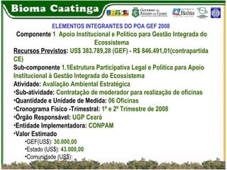 ELEMENTOS INTEGRANTES DO POA GEF 2008   Componente  1  Apoio Institucional e Político para Gestão Integrada do Ecossistema Recursos Previstos :  US$ 383.789,28 (GEF) - R$ 846.491,01(contrapartida CE)   Sub-componente  1.1Estrutura Participativa Legal e Política para Apoio Institucional à Gestão Integrada do Ecossistema Atividade:  Avaliação Ambiental Estratégica Sub-atividade:  Contratação de moderador para realização de oficinas Quantidade e Unidade de Medida:  06 Oficinas Cronograma Físico -Trimestral:  1º e 2º Trimestre de 2008 Órgão Responsável:  UGP Ceará Entidade Implementadora:  CONPAM   Valor Estimado GEF(US$):  30.000,00 Estado (US$):  43.000,00 Comunidade (US$): 