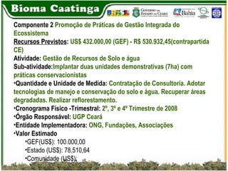 Componente 2  Promoção de Práticas de Gestão Integrada do Ecossistema  Recursos Previstos :  US$ 432.000,00 (GEF) - R$ 530.932,45(contrapartida CE)   Atividade:  Gestão de Recursos de Solo e água Sub-atividade: Implantar duas unidades demonstrativas (7ha) com práticas conservacionistas Quantidade e Unidade de Medida:  Contratação de Consultoria. Adotar  tecnologias de manejo e conservação do solo e água. Recuperar áreas degradadas. Realizar reflorestamento.   Cronograma Físico -Trimestral:  2º, 3º e 4º Trimestre de 2008 Órgão Responsável:  UGP Ceará Entidade Implementadora:  ONG, Fundações, Associações Valor Estimado GEF(US$): 100.000,00 Estado (US$): 78.510,64 Comunidade (US$): 