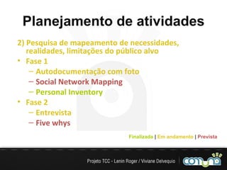 Planejamento de atividades 2) Pesquisa de mapeamento de necessidades, realidades, limitações do público alvo Fase 1 Autodocumentação com foto   Social Network Mapping   Personal Inventory Fase 2 Entrevista Five whys Finalizada  |   Em andamento  |   Prevista 
