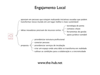 Engajamento Local

apostam em pessoas que estejam realizando iniciativas ousadas que podem
transformar nosso mundo em um lugar melhor e mais sustentável

                                                    tecnologia de ponta
                                                    contatos-chave
idéias inovadoras precisam de recursos certos
                                                    ferramentas de gestão
                                                    apoio jurídico-contábil

               providenciar estrutura proﬁssional
               conectar pessoas
proposta       providenciar serviços de incubação
               criar um espaço onde uma idéia se transforma em realidade
               cultivar as condições para a colaboração e a sincronicidade




                   www.the-hub.net
 
