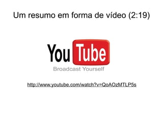 Um resumo em forma de vídeo (2:19)




   http://www.youtube.com/watch?v=QoAOzMTLP5s
 