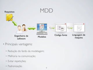 Requisitos                       MDD



              Engenheiro de                    Código fonte   Linguagem de
                                 Modelos                         máquina
                software

• Principais     vantagens:
  •   Redução do fardo da modelagem;
  •   Melhoria na comunicação;
  •   Evitar repetições;
  •   Padronização.                        8
 