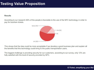 E-Ticket, simplifying your life!
Testing Value Proposition
Results
According to our research 56% of the people is favorable to the use of the NFC technology in order to
pay for bus/train tickets.
This shows that the idea could be more acceptable if we develop a good business plan and explain all
the benefits that this technology could bring to the public transportation users.
The biggest challenge is providing security for our customers, according to our survey, only 12% are
fully satisfied with the level of security provided by NFC.
 